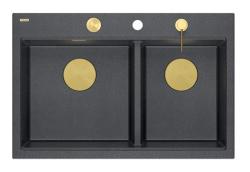 Quadri Hard Rock Double Anthracite Granite Built-in Sink 76x50 cm with Gold Plug and Accessories 1208971393