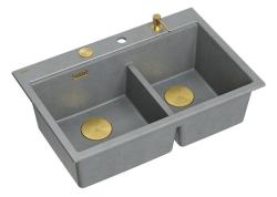 Quadri Hard Rock Double Grey Granite Built-in Sink 76x50 cm with Golden Plug and Accessories 1208971394