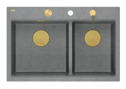 Quadri Hard Rock Double Grey Granite Built-in Sink 76x50 cm with Golden Plug and Accessories 1208971394
