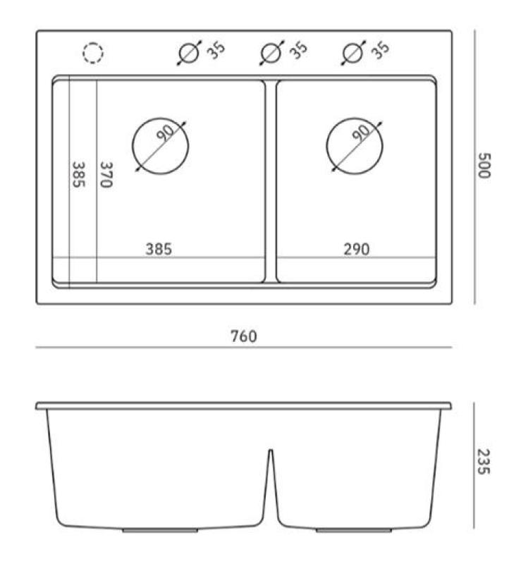 Quadri Hard Rock Double Grey Granite Built-in Sink 76x50 cm with Golden Plug and Accessories 1208971394