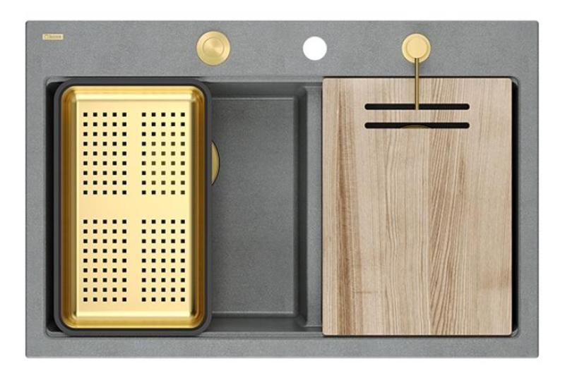 Quadri Hard Rock Double Grey Granite Built-in Sink 76x50 cm with Golden Plug and Accessories 1208971394