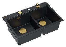 Quadri Hard Rock Double Black Granite Built-in Sink 76x50 cm with Gold Plug and Accessories 1208971395