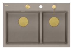 Quadri Hard Rock Double Taupe Granite Built-in Sink 76x50 cm with Gold Plug and Accessories 1208971396