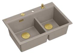 Quadri Hard Rock Double Taupe Granite Built-in Sink 76x50 cm with Gold Plug and Accessories 1208971396