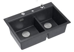 Quadri Hard Rock Double Anthracite Granite Built-in Sink 76x50 cm with Stainless Steel Plug and Accessories 1208971399