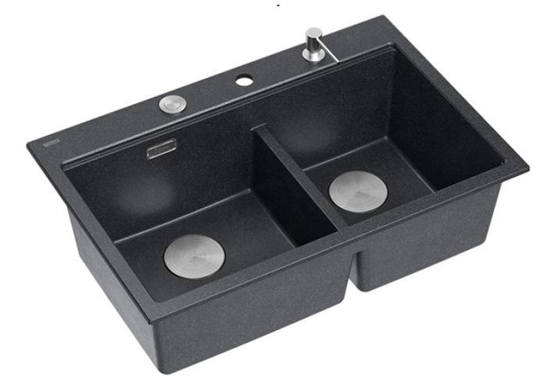 Quadri Hard Rock Double Anthracite Granite Built-in Sink 76x50 cm with Stainless Steel Plug and Accessories 1208971399