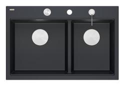 Quadri Hard Rock Double Black Granite Built-in Sink 76x50 cm with Stainless Steel Plug and Accessories 1208971401