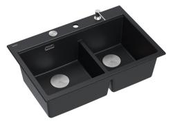 Quadri Hard Rock Double Black Granite Built-in Sink 76x50 cm with Stainless Steel Plug and Accessories 1208971401