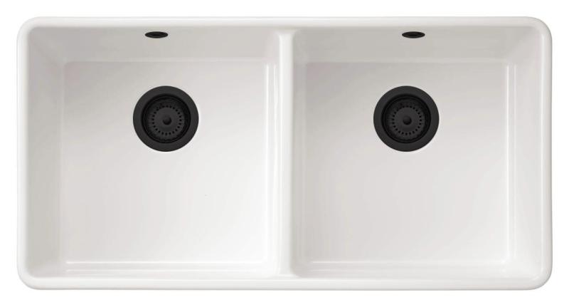 Ausmann Ceramic Mira Ceramic White Double Sink - Undermount and Intermediate 890 x 456 mm with Black Plugs 1208971474