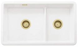 Ausmann Ceramic Ember Ceramic White One and a Half Bowl Sink Top Mount and Undermount 733 x 401 mm with Gold Plugs 1208971518
