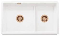 Ausmann Ceramic Ember Ceramic White One and a Half Bowl Sink Above Counter and Undermount 733 x 401 mm with Copper Plugs 1208971519