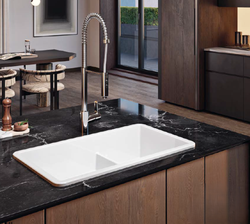 Ausmann Ceramic Ember Ceramic White One and a Half Bowl Sink Surface and Undermount 733 x 401 mm with Black Plugs 1208971521