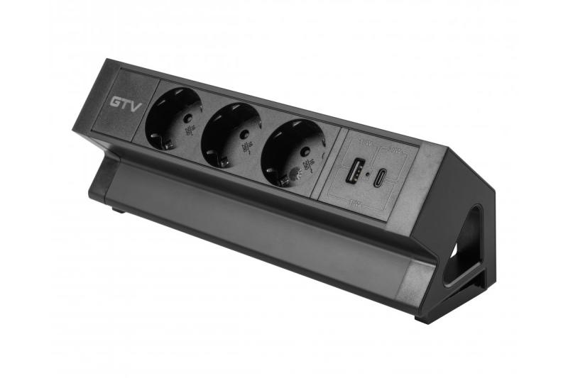 Furniture socket BASCO, 3xSHUKO, USB A+C, cable 1.5 m, black