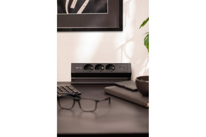 Furniture socket BASCO, 3xSHUKO, USB A+C, cable 1.5 m, black