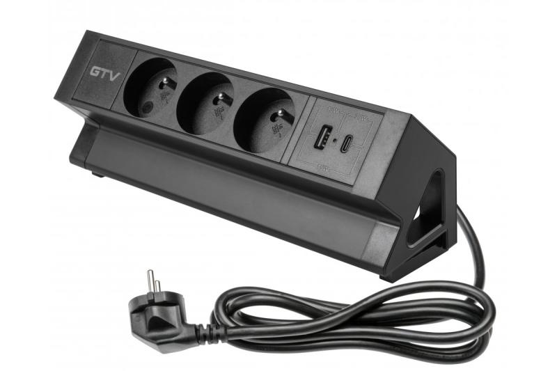 Basco furniture socket, 3 x socket with grounding, USB A+C, 1.5m cable, black with mounting