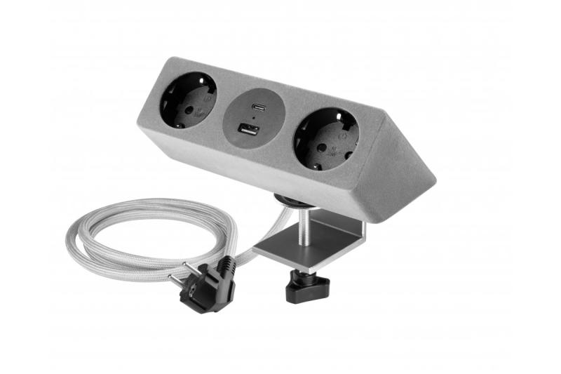 Furniture socket SOFITO, 2xSHUKO, USB A+C, cable 1.5 m, gray flock