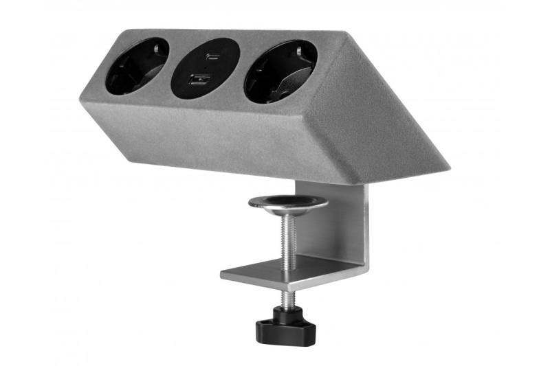 Furniture socket SOFITO, 2xSHUKO, USB A+C, cable 1.5 m, gray flock