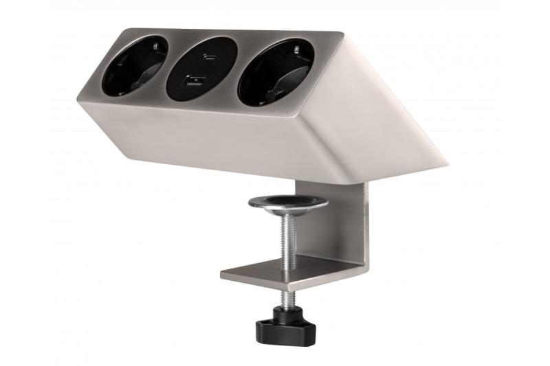 Furniture socket SOFITO, 2xSHUKO, USB A+C, cable 1.5 m, stainless steel