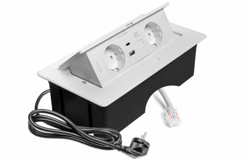 Furniture socket MULTISOFT, 2xSHUKO, USB A+C, RJ45, cable 1.5 m, white