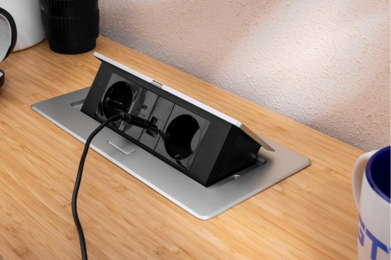 Furniture socket MULTISOFT, 2xSHUKO, USB A+C, RJ45, cable 1.5 m, aluminum