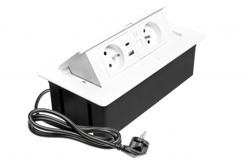 MULTISOFT Furniture Socket 2x Socket with Earthing, USB A+C, RJ45, Power Cable with Plug, White