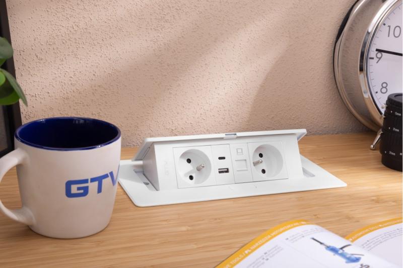 MULTISOFT Furniture Socket 2x Socket with Earthing, USB A+C, RJ45, Power Cable with Plug, White