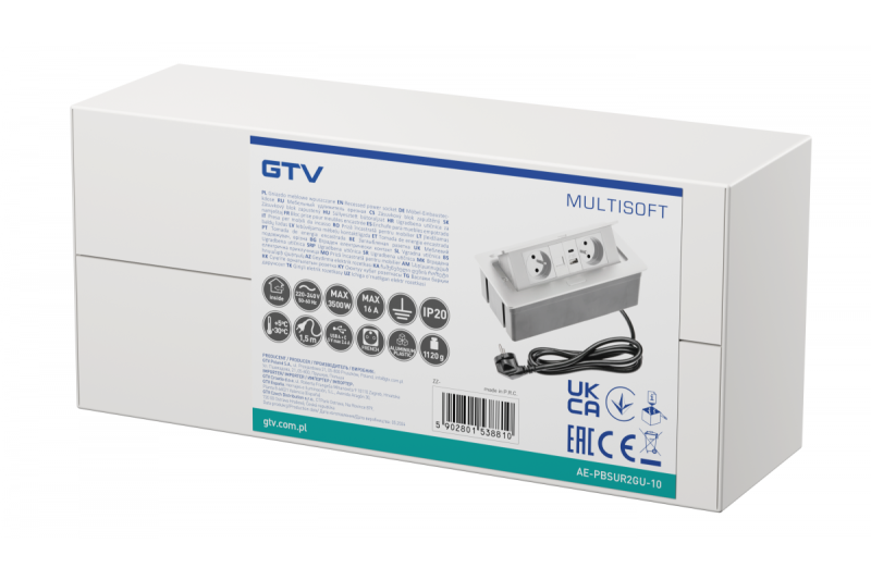 MULTISOFT Furniture Socket 2x Socket with Earthing, USB A+C, RJ45, Power Cable with Plug, White