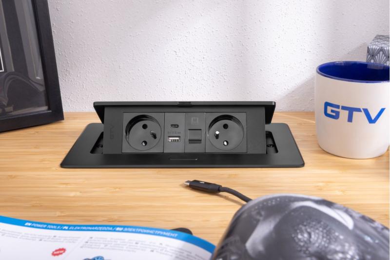 MULTISOFT Furniture Socket 2x Socket with Earthing, USB A+C, RJ45, Power Cable with Plug, Black