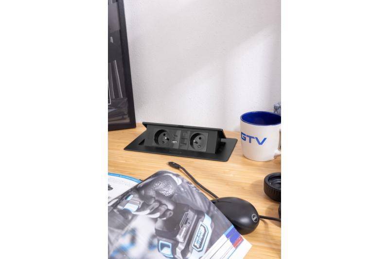 MULTISOFT Furniture Socket 2x Socket with Earthing, USB A+C, RJ45, Power Cable with Plug, Black