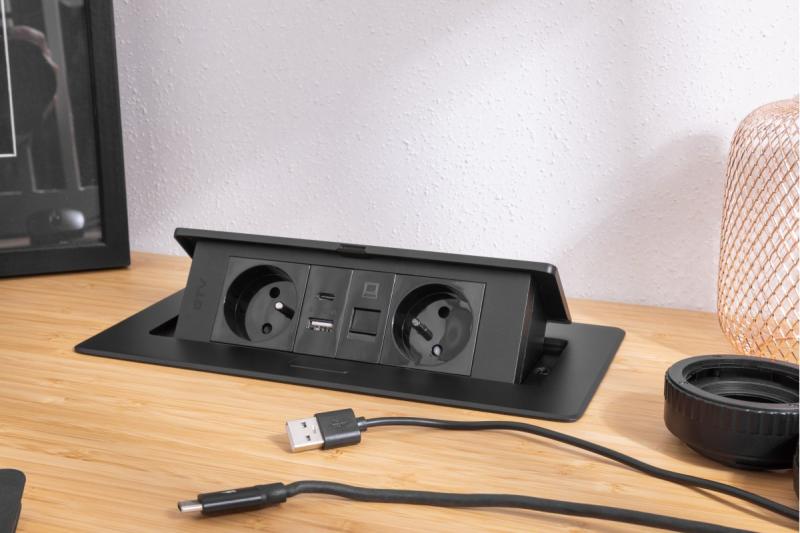MULTISOFT Furniture Socket 2x Socket with Earthing, USB A+C, RJ45, Power Cable with Plug, Black
