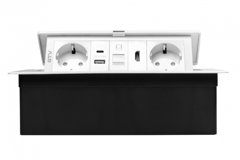 Furniture socket MULTISOFT, 2xSHUKO, USB A+C, RJ45, HDMI, cable 1.5 m, white