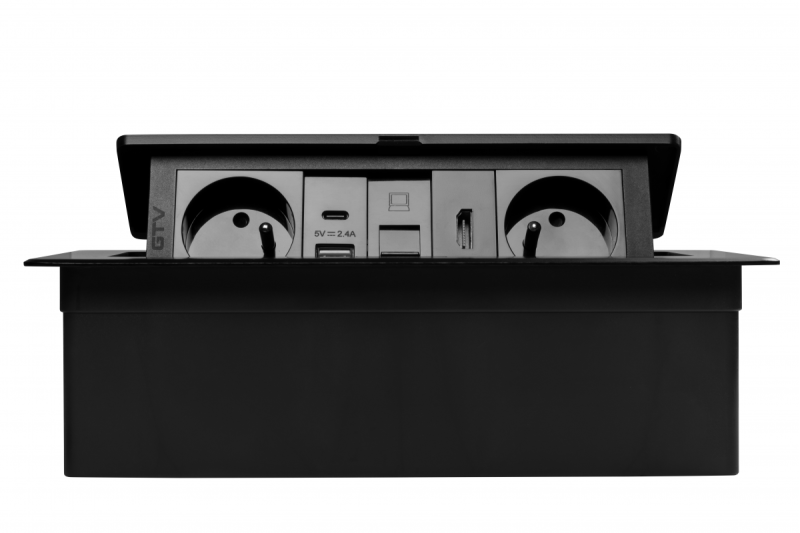 Furniture socket MULTISOFT, 2xSHUKO, USB A+C, RJ45, HDMI cable 1.5 m, black