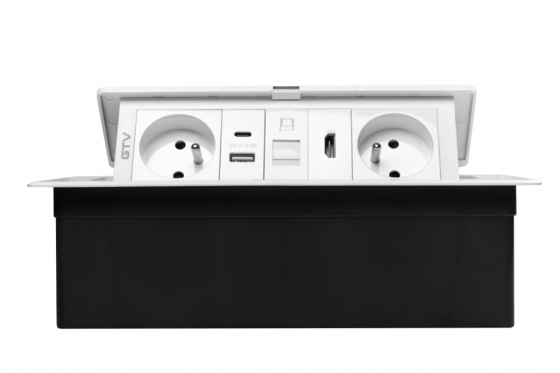 MULTISOFT furniture socket 2x Socket with Earthing, USB A+C, RJ45, HDMI, Power Cable with Plug, White
