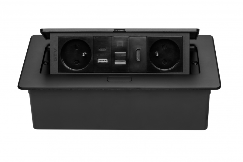 MULTISOFT furniture socket 2x Socket with Earthing, USB A+C, RJ45, HDMI, Power Cable with Plug, Black