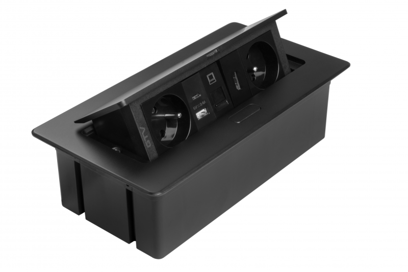 MULTISOFT furniture socket 2x Socket with Earthing, USB A+C, RJ45, HDMI, Power Cable with Plug, Black