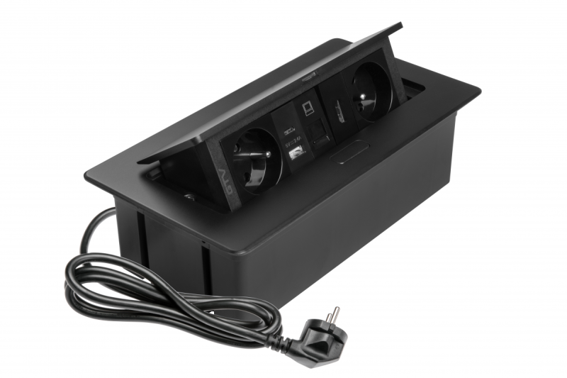 MULTISOFT furniture socket 2x Socket with Earthing, USB A+C, RJ45, HDMI, Power Cable with Plug, Black