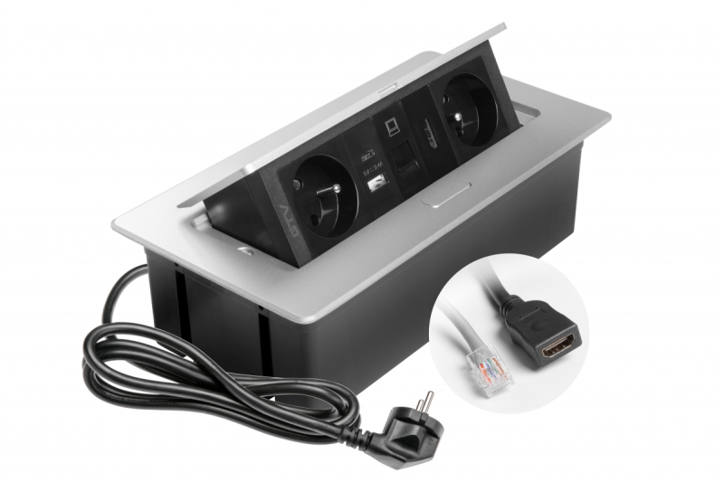 MULTISOFT furniture socket 2x Socket with Earthing, USB A+C, RJ45, HDMI, Power Cable with Plug, Aluminium
