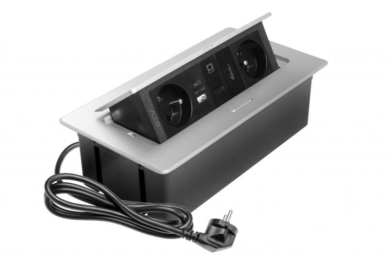 MULTISOFT furniture socket 2x Socket with Earthing, USB A+C, RJ45, HDMI, Power Cable with Plug, Aluminium