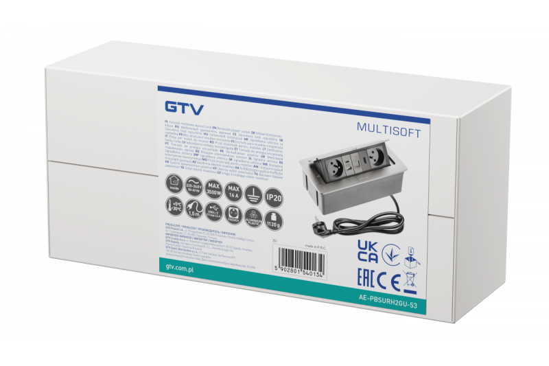 MULTISOFT furniture socket 2x Socket with Earthing, USB A+C, RJ45, HDMI, Power Cable with Plug, Aluminium