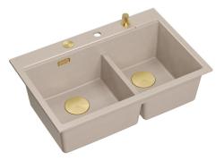 Quadri Hard Rock Double Beige Granite Built-in Sink 76x50 cm with Gold Plug and Accessories 1208971663