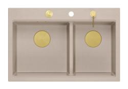 Quadri Hard Rock Double Beige Granite Built-in Sink 76x50 cm with Gold Plug and Accessories 1208971663