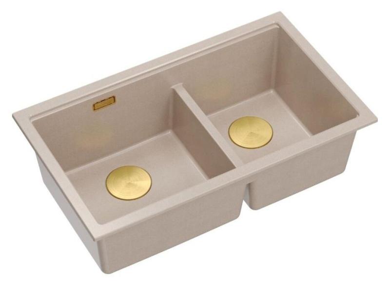 Quadri Newport II Double Beige Granite Built-in Sink 76x45 cm with Gold plug 1208971753