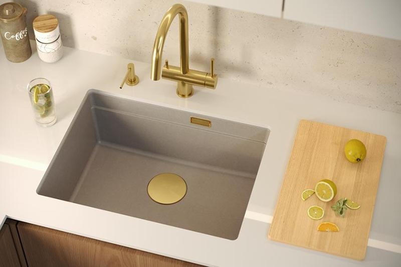 Quadri Newport II granite undermount beige sink 560x450mm with golden plug and drain cap 1208971765