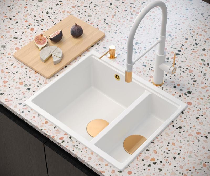 Quadri Newport II beige 1.5 sink granite top mount and under mount sink 555x460mm with copper plug 1208971767