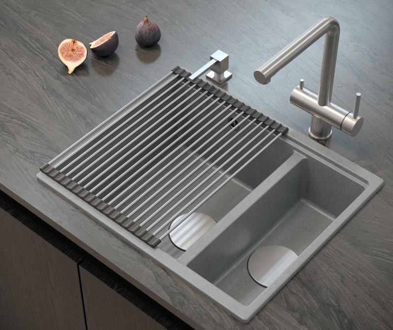 Quadri Newport II beige 1.5 sink granite top mount and undermount sink 555x460mm with stainless steel plug 1208971769