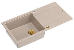 Quadri Luton beige granite built-in sink with draining board, reversible 100x50cm with gold plug 1208971771
