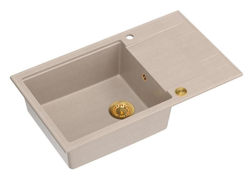 Quadri Luton pearl beige granite large built-in sink with draining board reversible 86x50cm with gold plug 1208971774