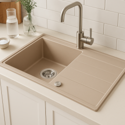Quadri Luton pearl beige granite built-in sink with drainer, reversible 86x50cm with stainless steel plug 1208971779