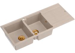 Quadri Luton built-up double granite sink in pearl beige with draining area 116x50 cm with copper plug 1208971801