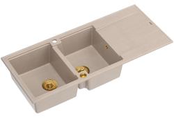 Quadri Luton built-in double granite sink pearl beige with draining area 116x50 cm with golden plug 1208971809